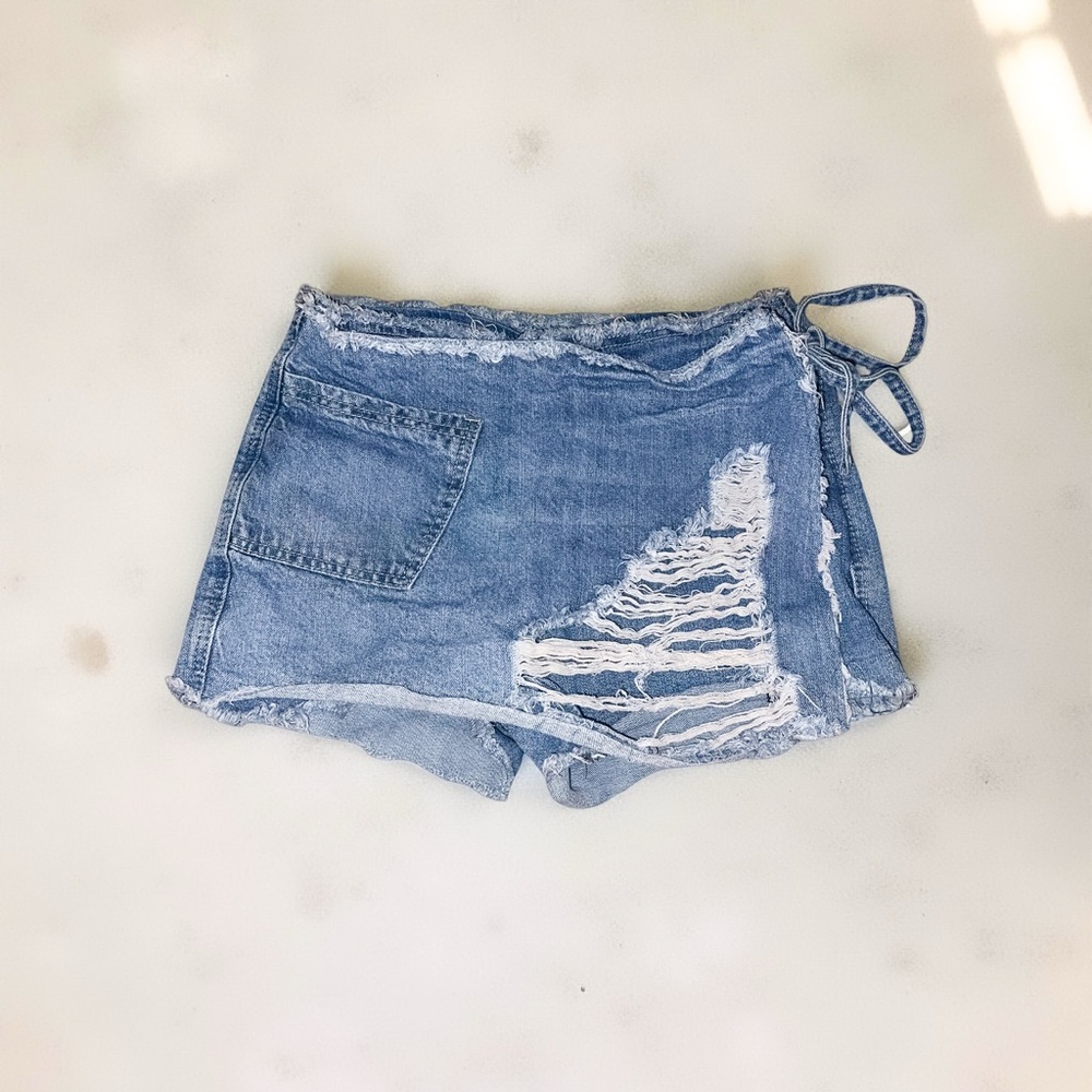 Denim Wrap Skort Distressed